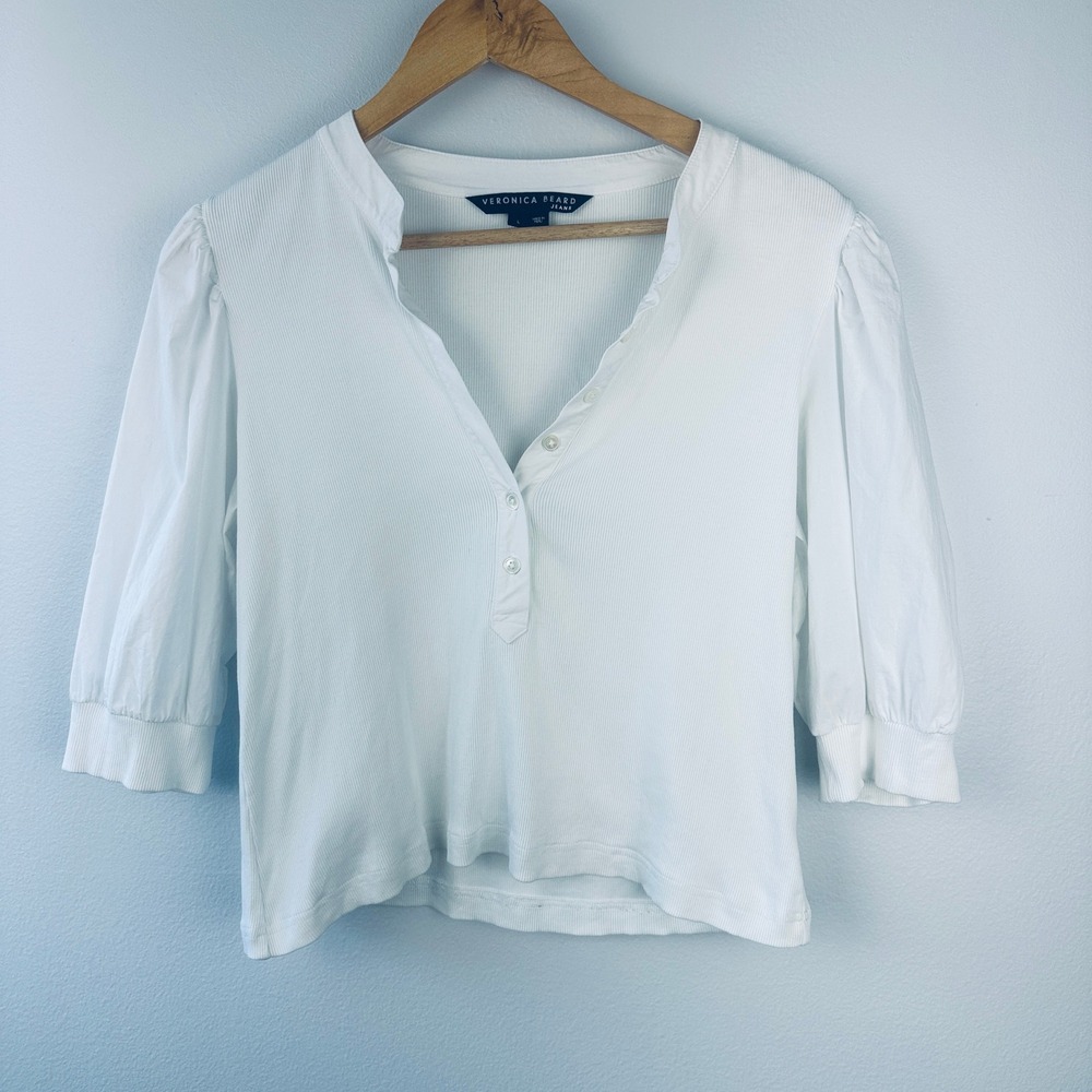Veronica‎ Beard Jeans White Ribbed Henley Puff Sleeve Top J2208JY0200831
